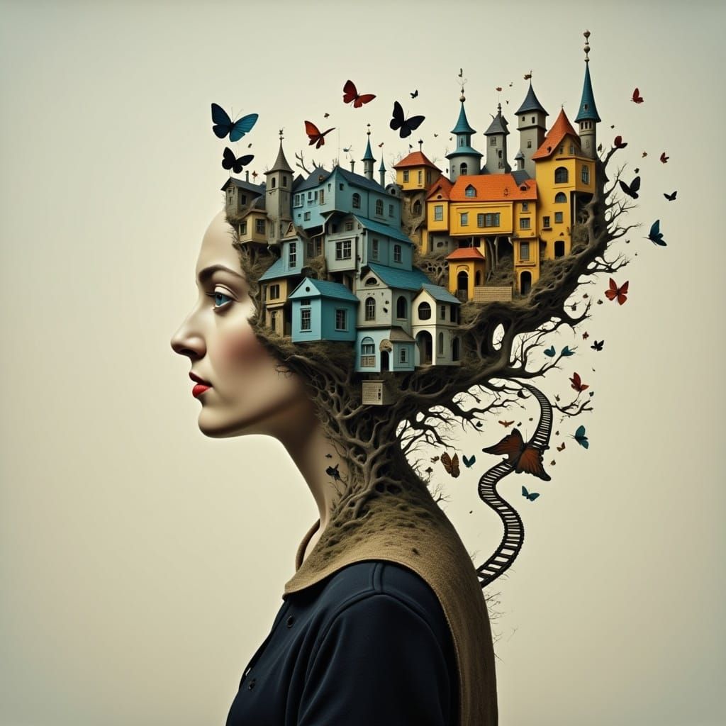 Surreal Woman Transforms into a Train in a Dreamlike Scene