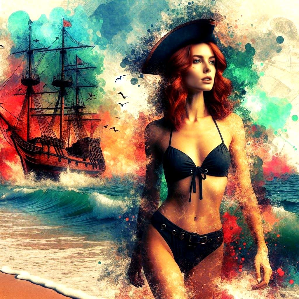 Hyperrealistic Pirate Woman on the Beach