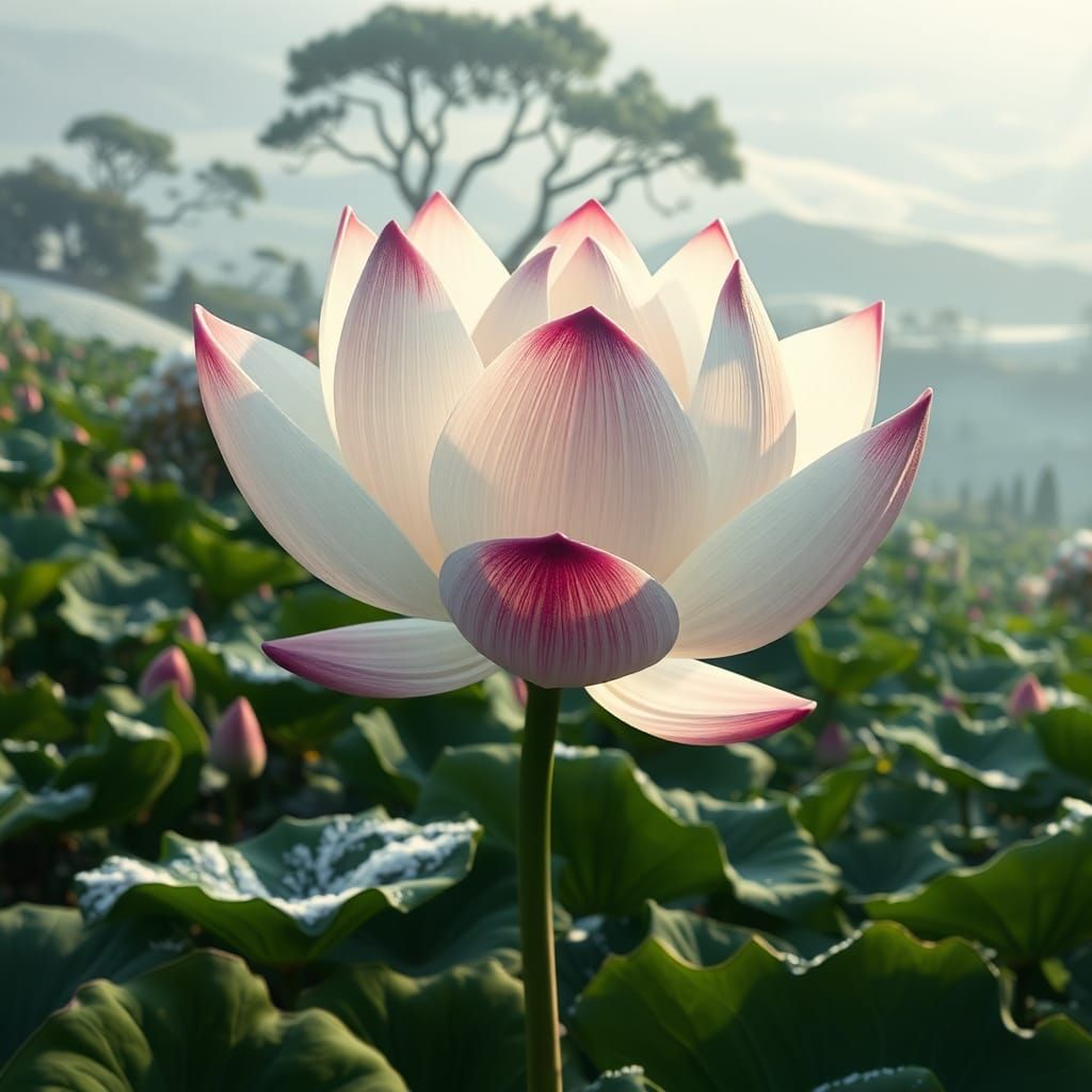 Brahma Lotus Blooms in Lush Garden, Concept Art