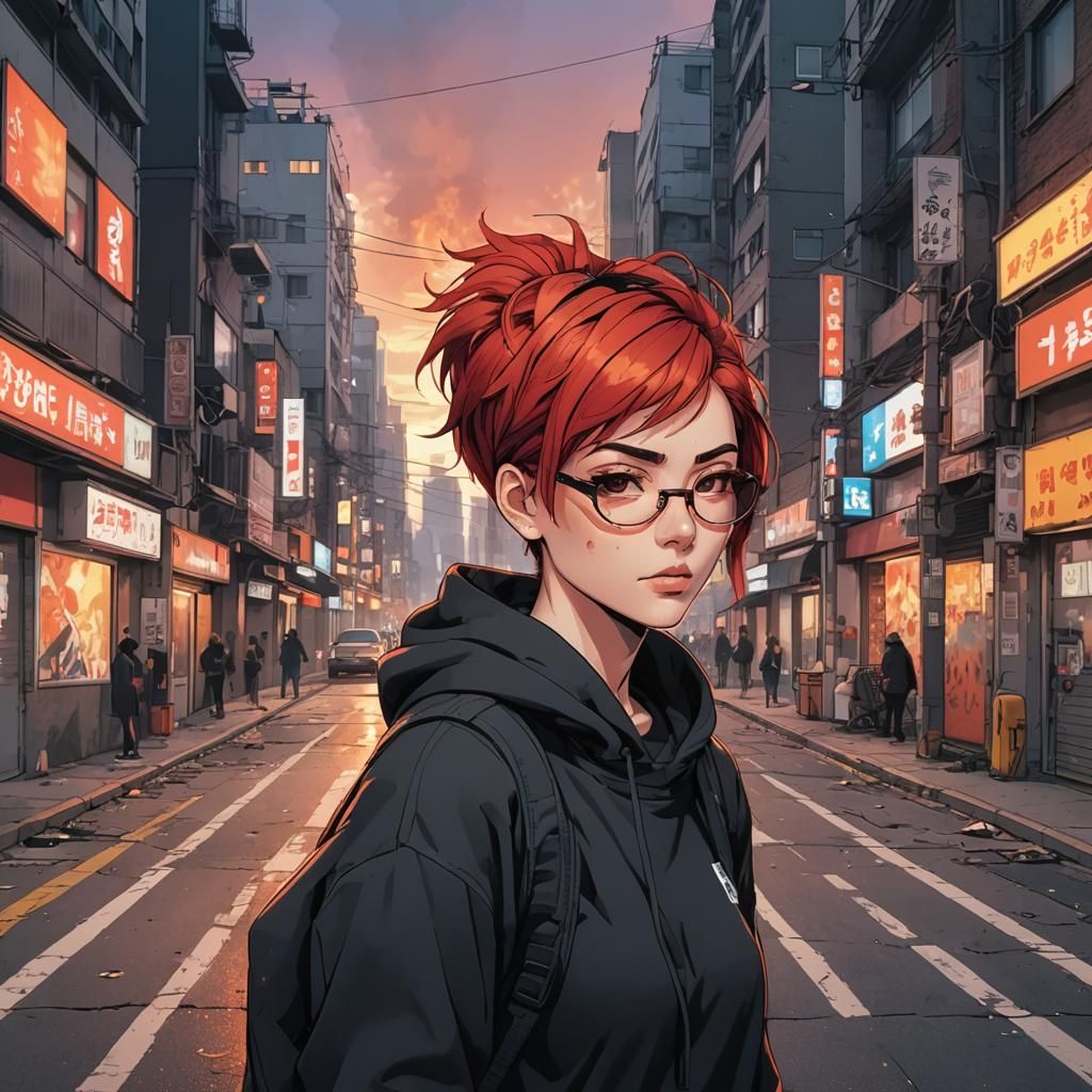 Fiery Anime Girl in Cityscape Sunset