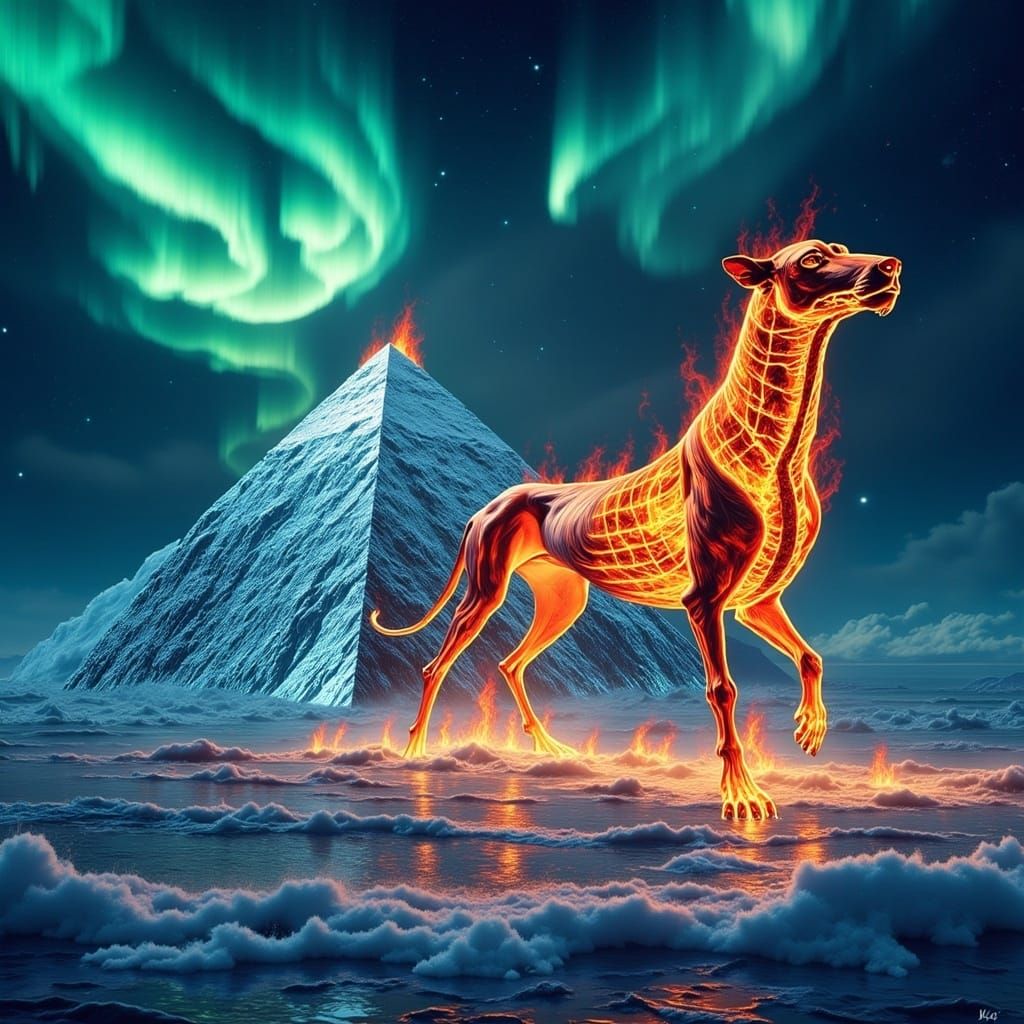 Fire Sphinx Beside Ice Pyramid Under Aurora
