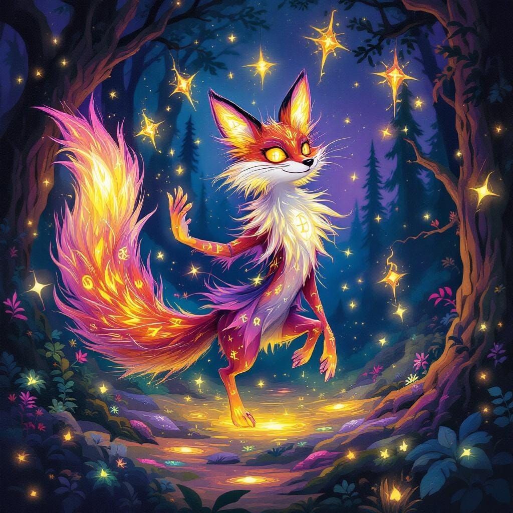 Fox Spirit Dancing in Bioluminescent Forest