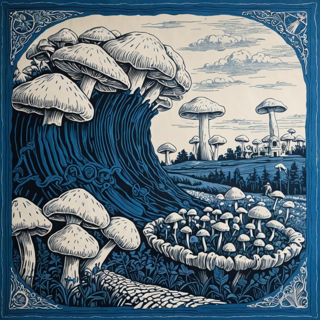 Mushroom Cultivation: Linocut Activists Tend Giant Fungi
