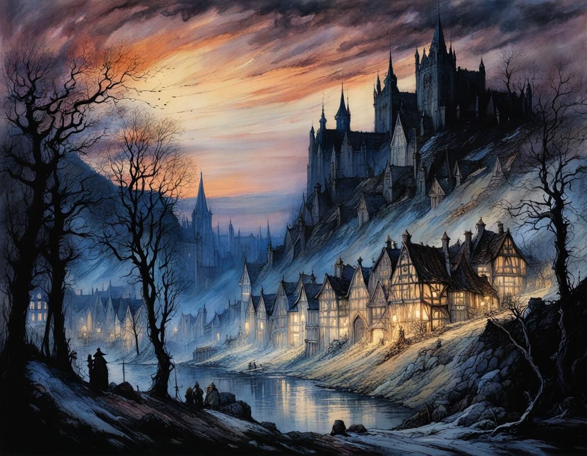 Mysterious Medieval Townscape in Noctilucent Hues