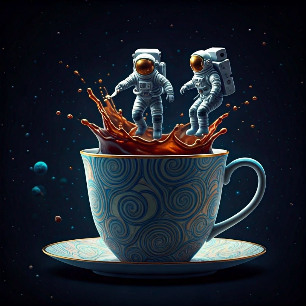 Astronauts and Coffee Cup in Space: Digital Art