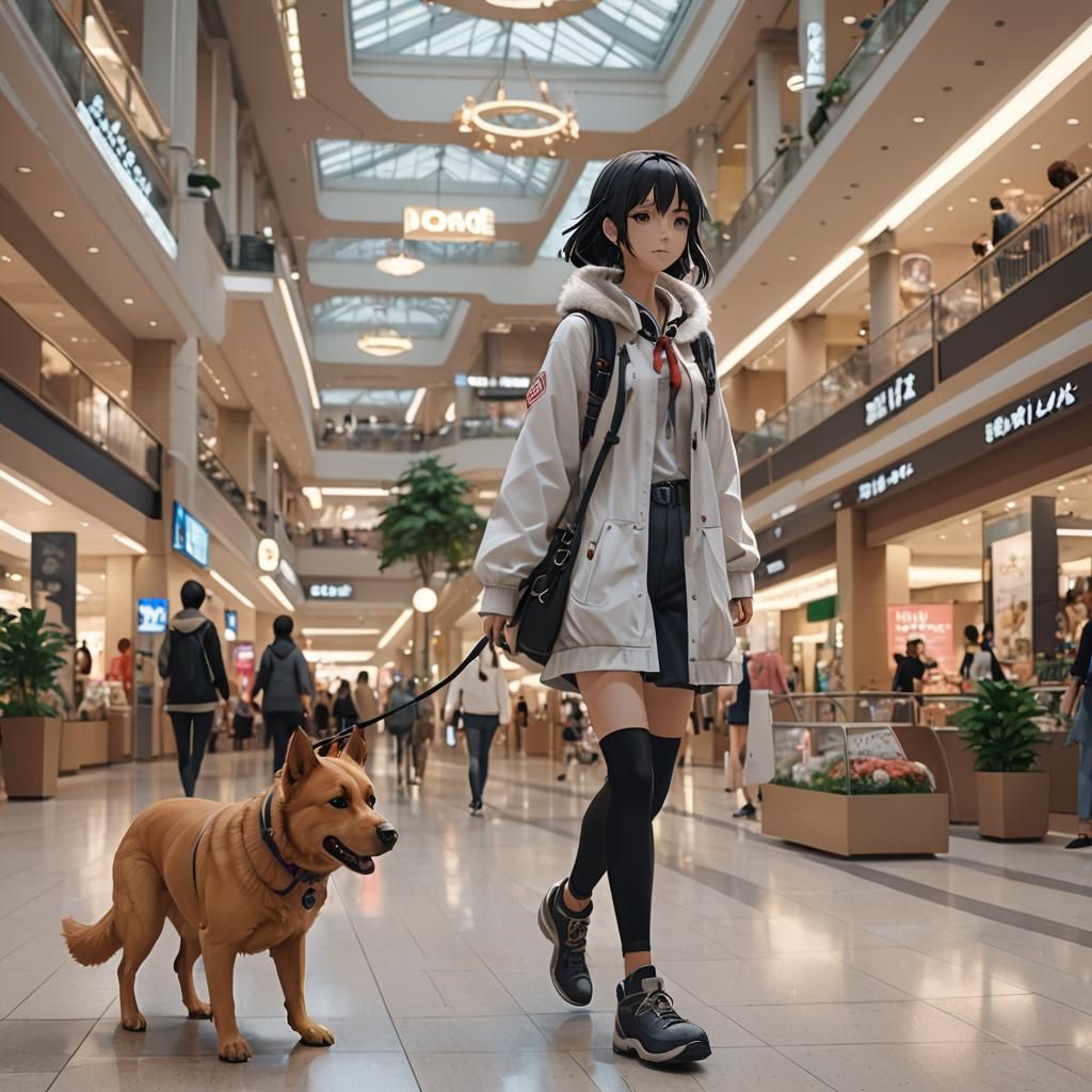 a anime girl walking a dog