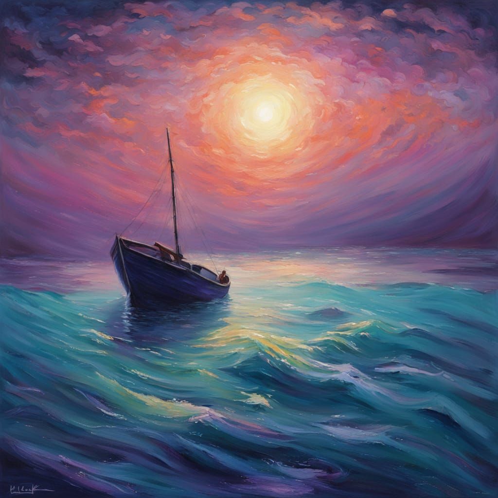 Glowing Whale and Boat in Impressionist Marine Scene