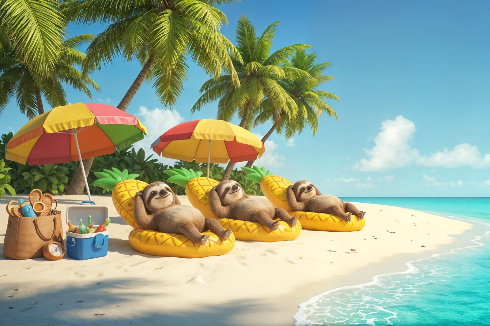 Relaxing Sloths Tan on Maldives Beach in Cartoon Style
