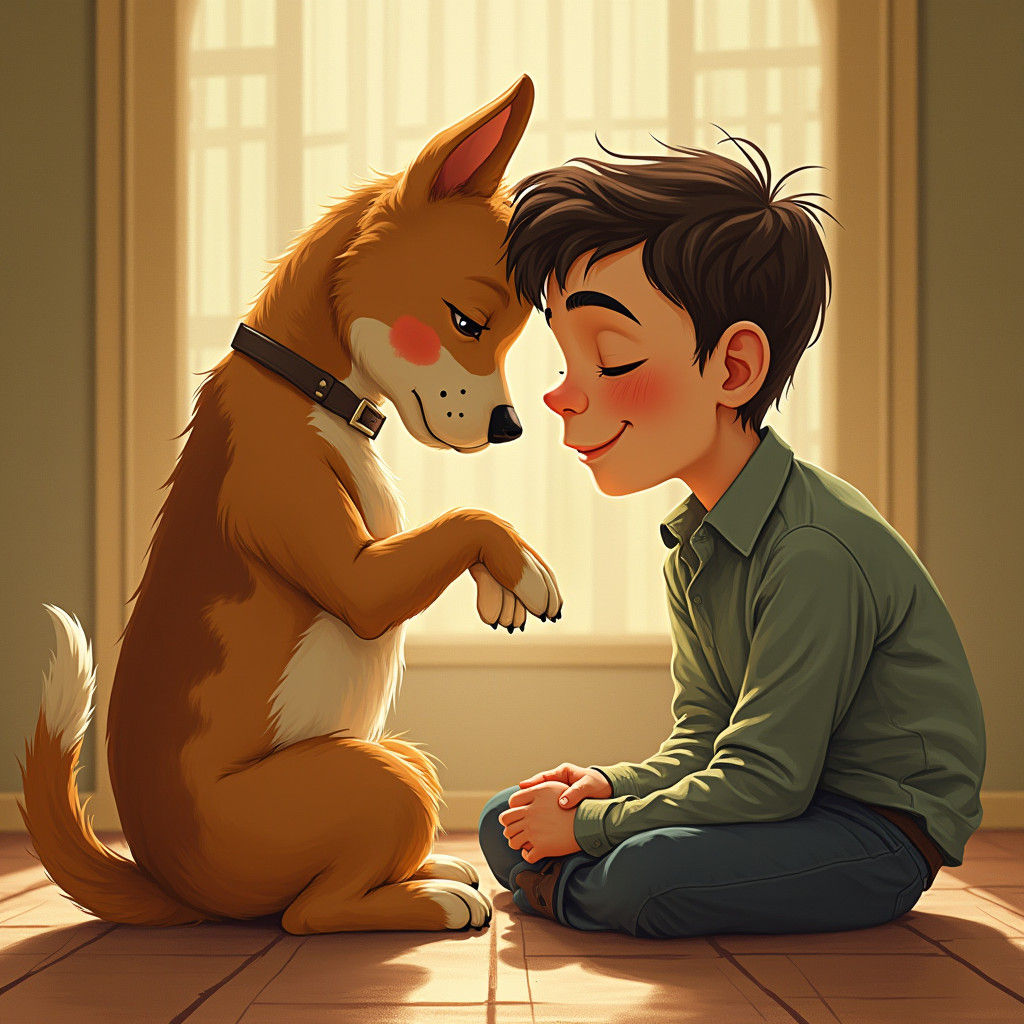 Touching Dog and Man Portrait in Rockwell Style