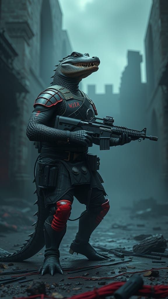Crocodile Soldier in Mist-Shrouded Ruins as Matte Painting