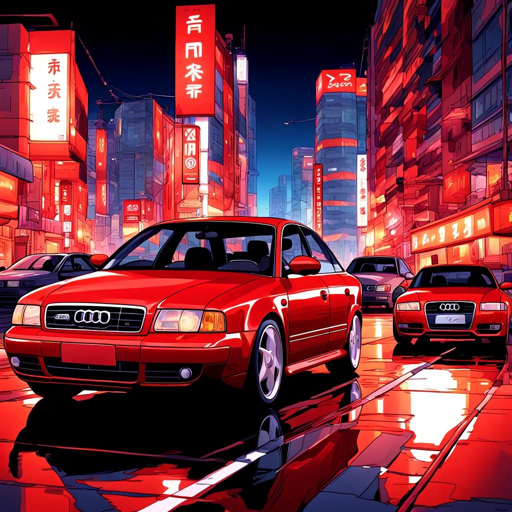 Red Audi A4 Manga Cartoon Illustration