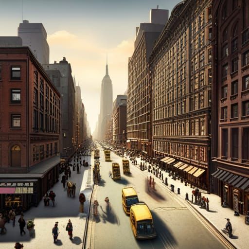 New York City Street Scene in 1920s, Detailed Painting