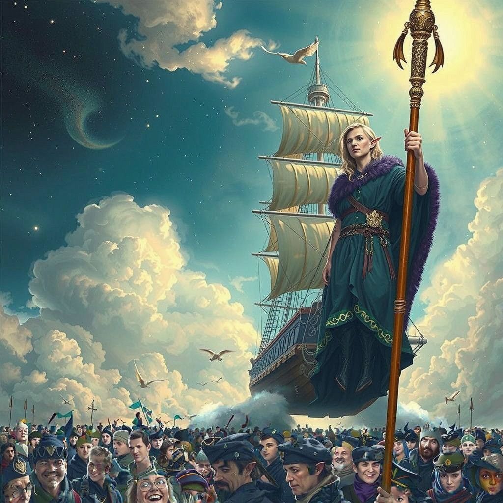 Sailing Ship Soars Across the Sky with Regal Elf Prince