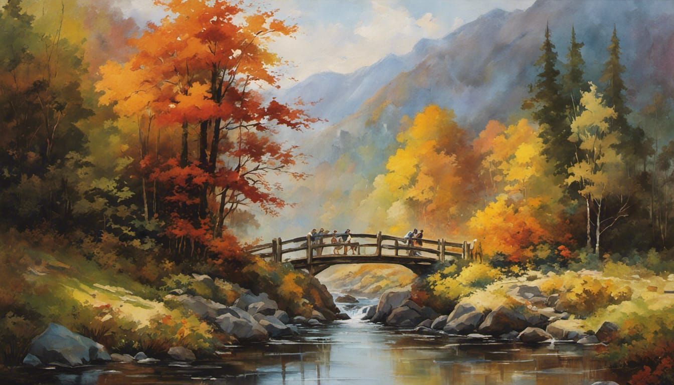 Japanese Warrior on Misty Bridge: Ghibli Style Oil Painting