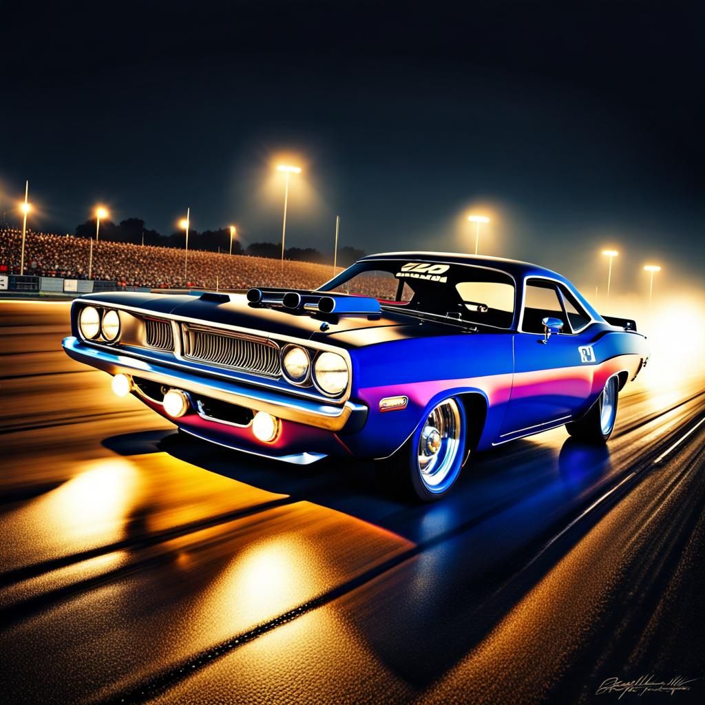Modified Plymouth Hemi Cuda on Drag Strip at Night