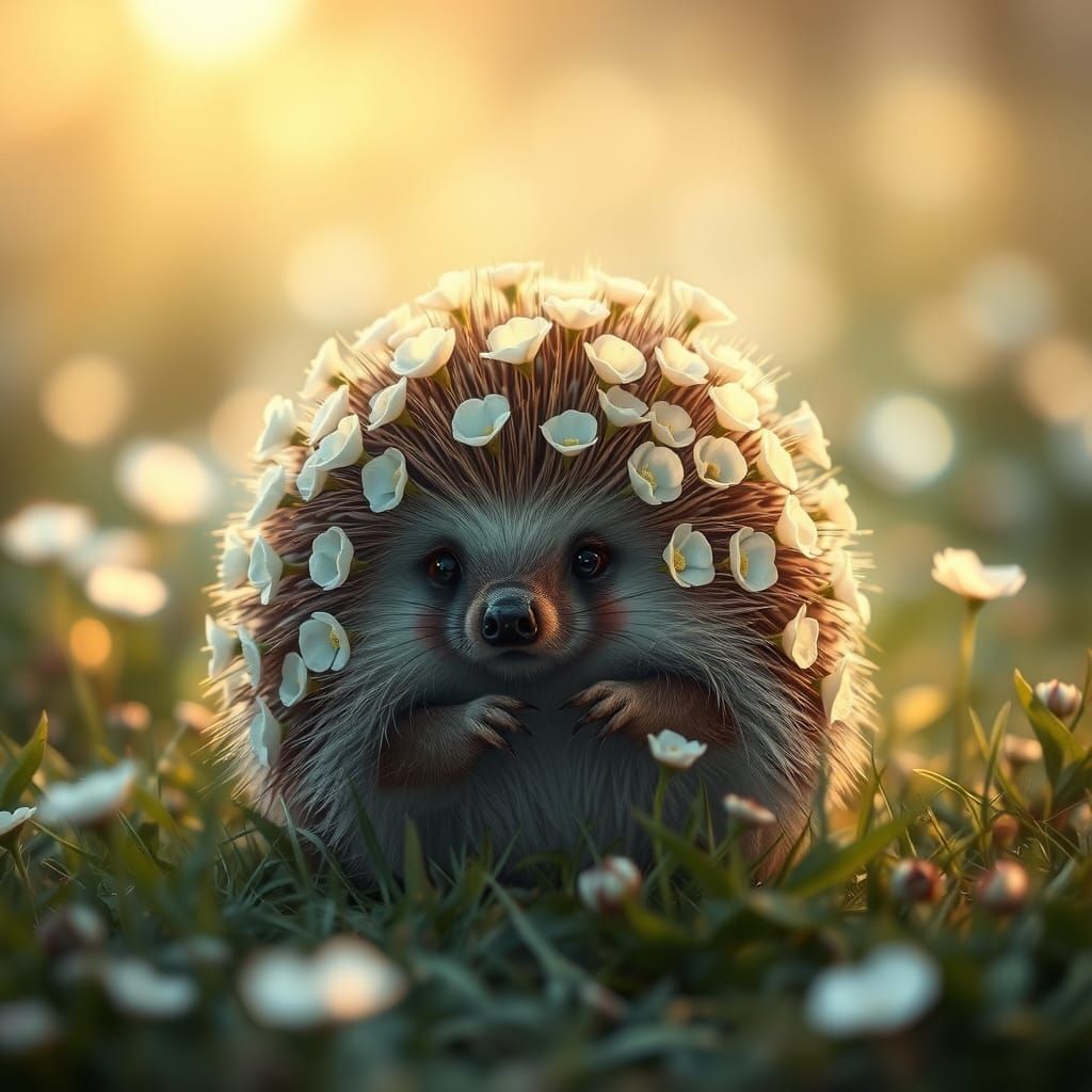 Hedgehog with Rose Spines in Magical Meadow at Dawn