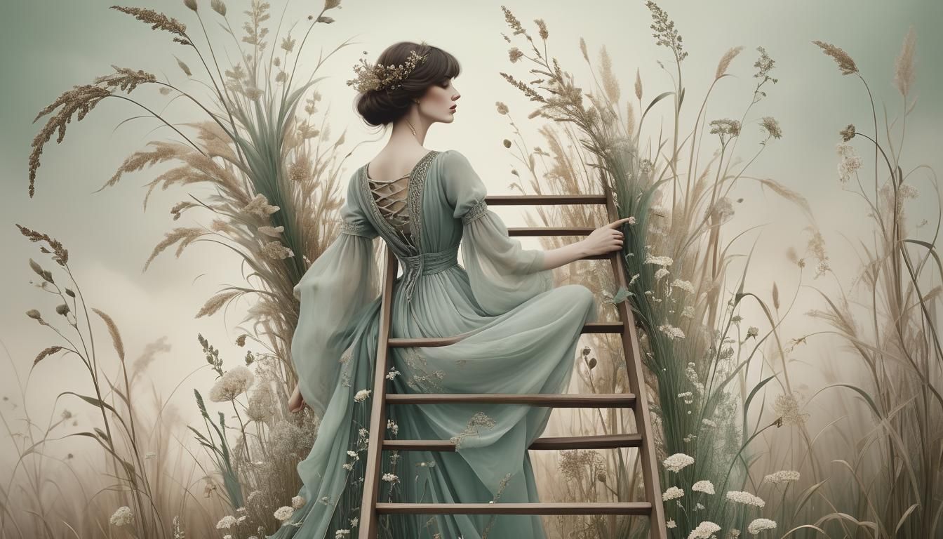 Surrealist Ladder of Wildflowers in Sepia Tone