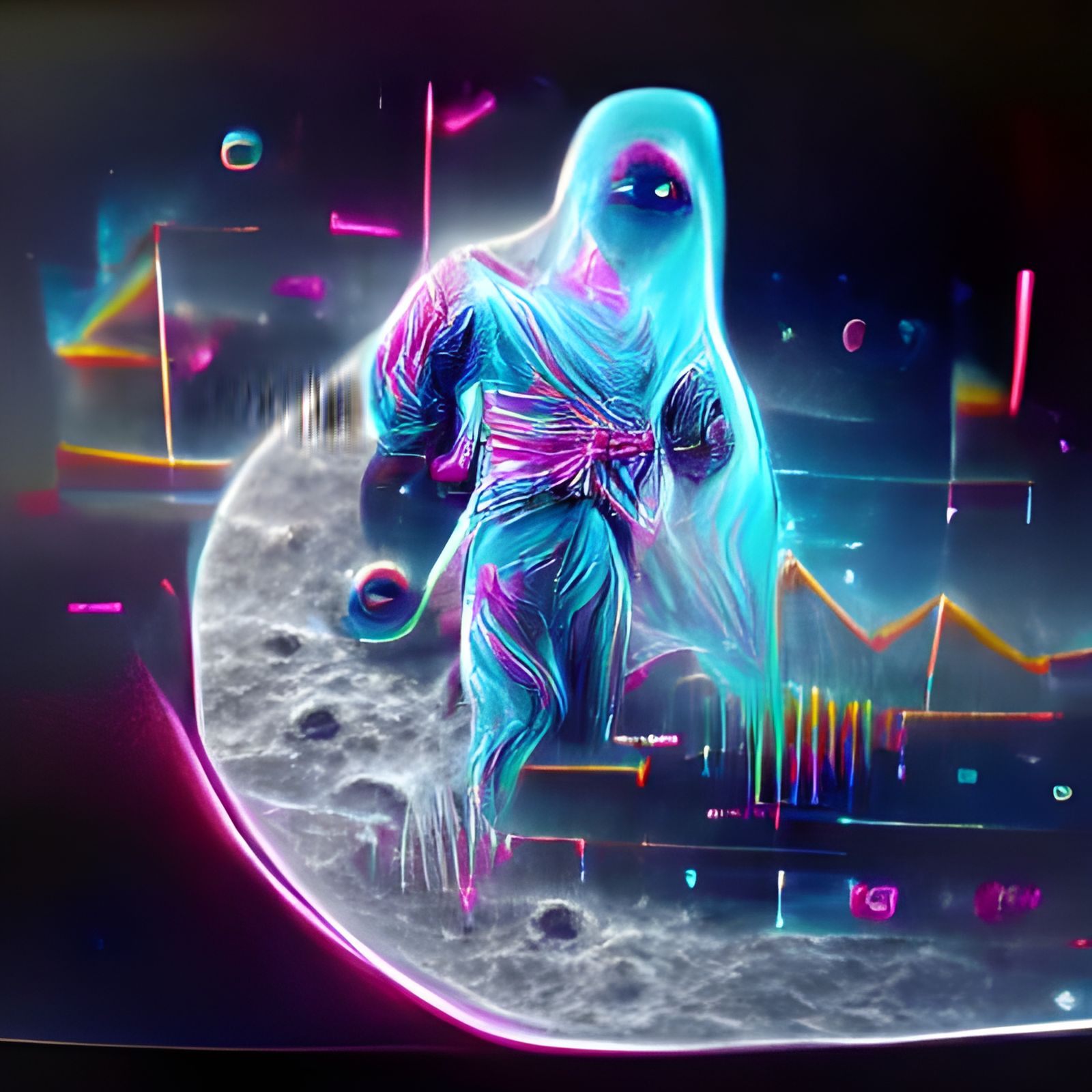 Holographic Moon Ghost in Synthwave Neon Style