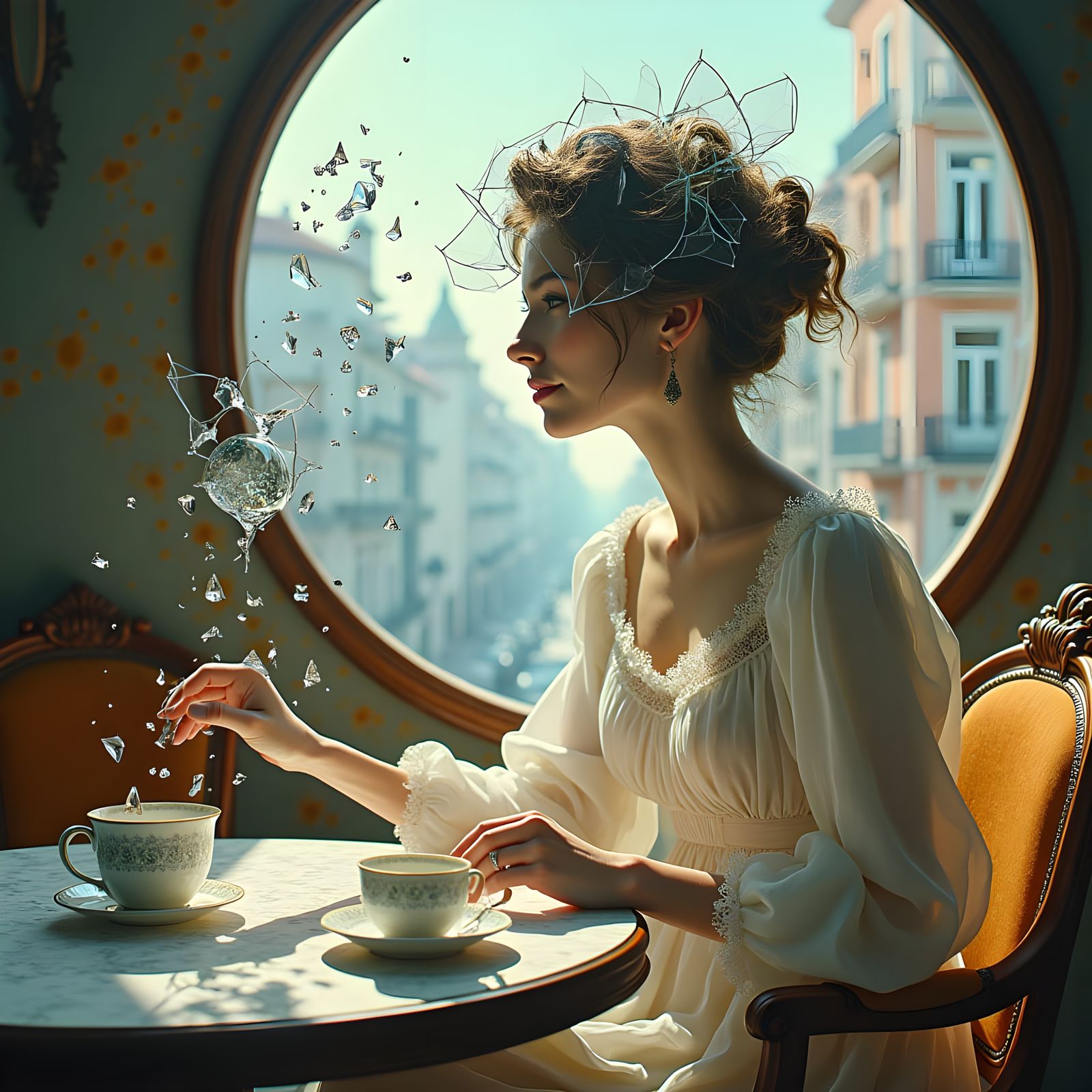Surreal Cafe Scene with Shifting Glass Woman