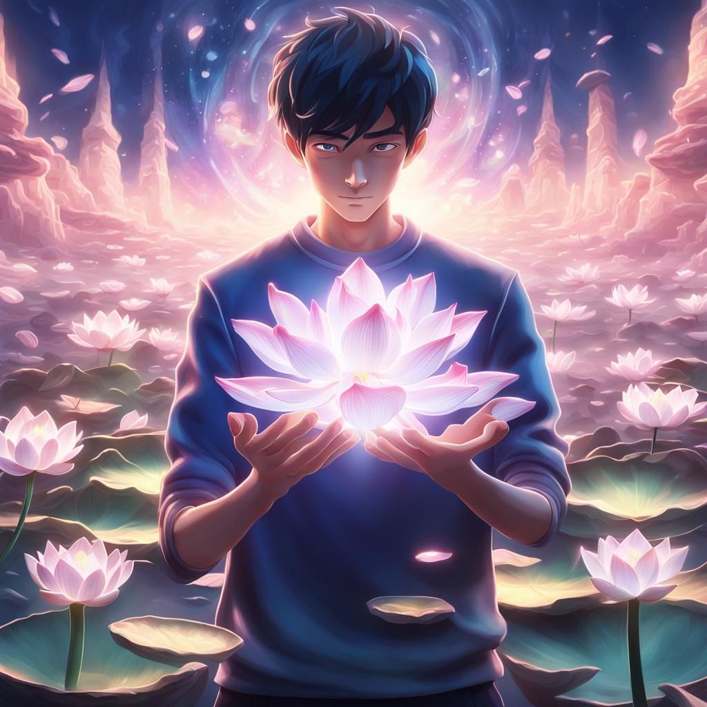 Young Man Amidst Mystical Lotus Blooms in Vibrant Anime Styl...