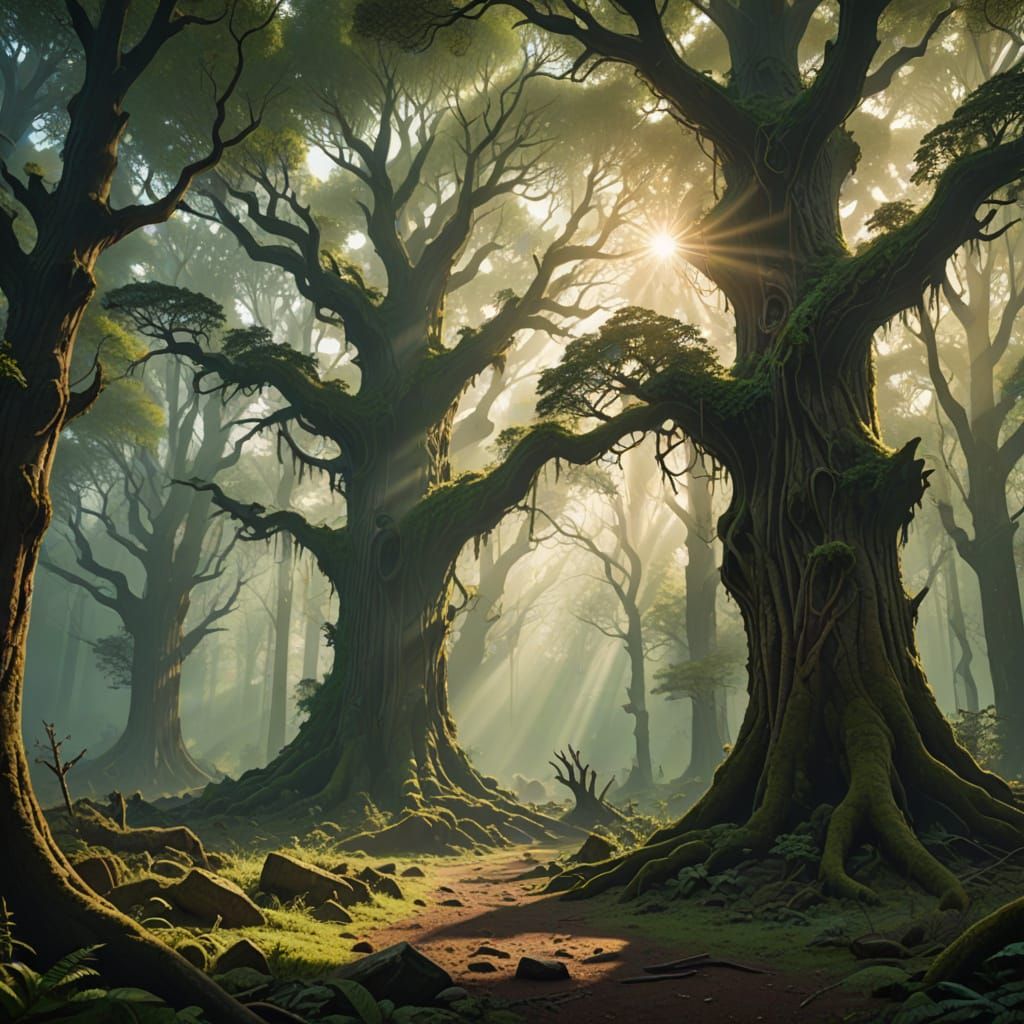 Majestic Forest Scene with Ethereal Sunbeams and Fog