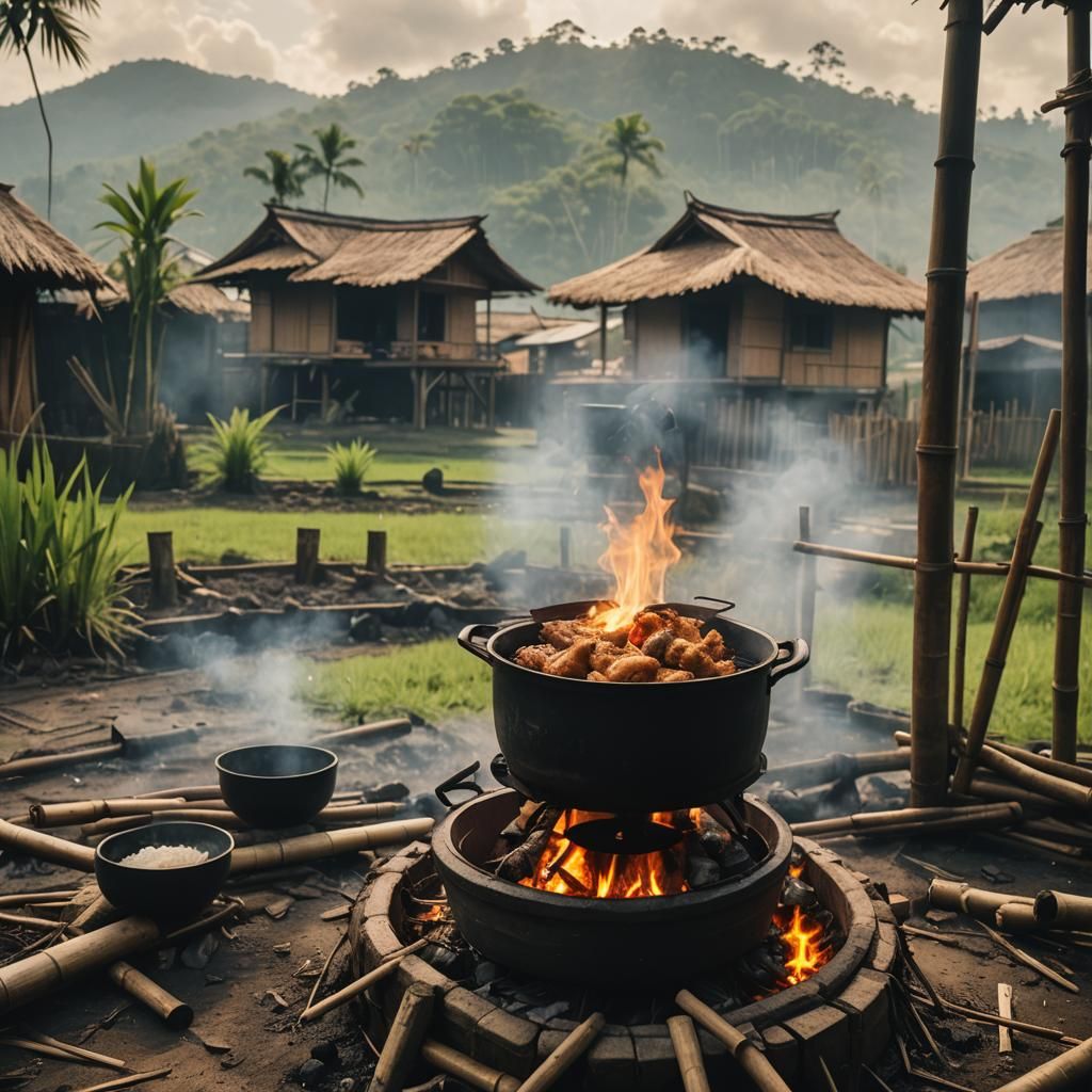 Cinematic Charcoal Pot Chicken in Bamboo Hut