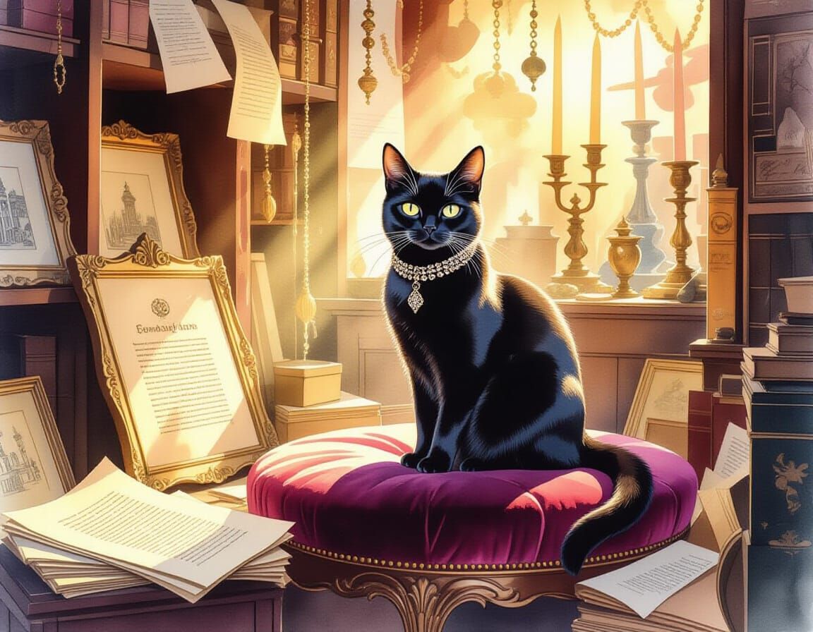 Black Cat in Antique Shop: Watercolor Fantasy Art