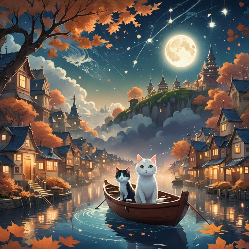 Boy and Cat Floating Over Autumn City