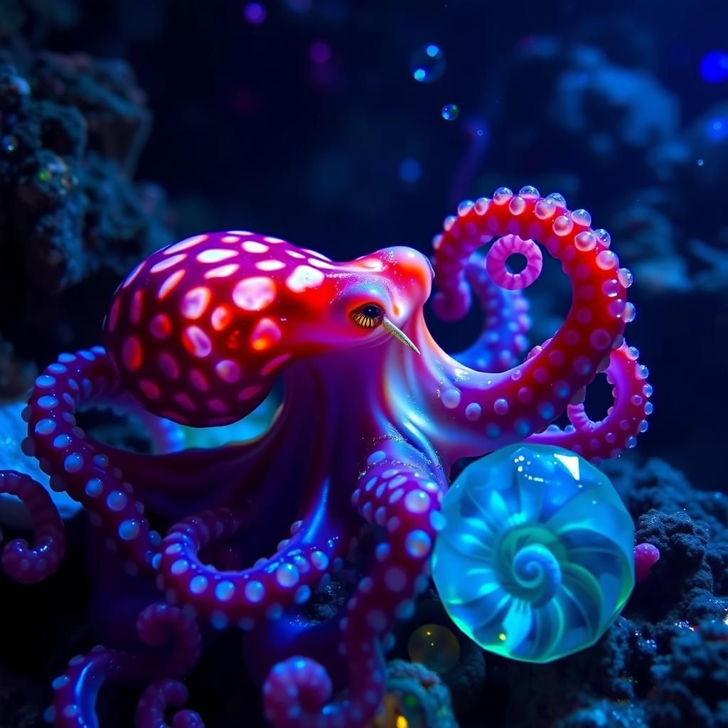 Luminescent Underwater Scene with Octopus and Gemstones