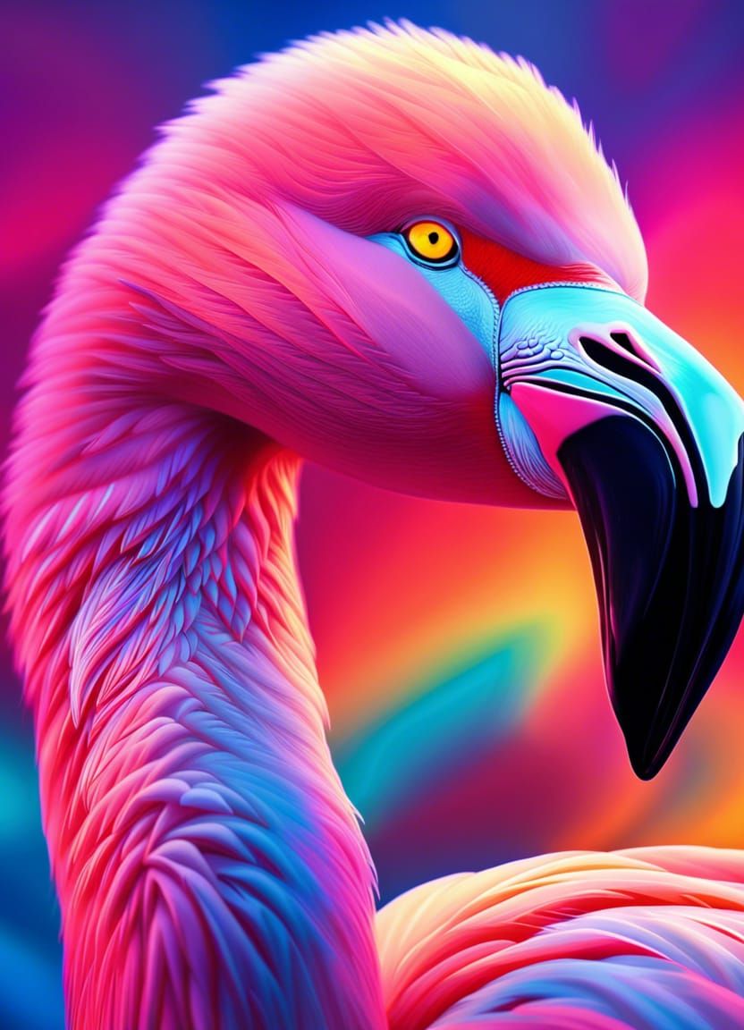 Rainbow-Eyed Flamingo Under a Neon Sky