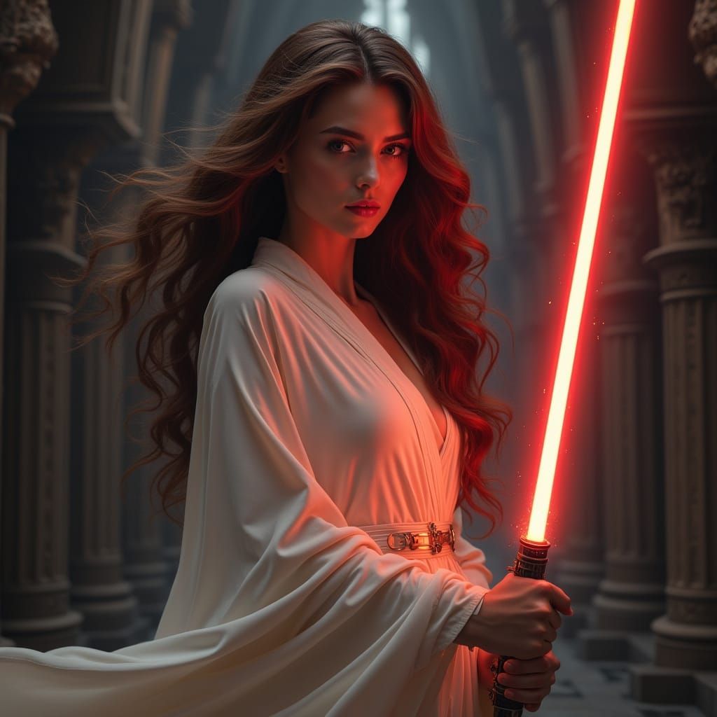 Elegant Warrior with Red Lightsaber in a Mystical Landscape