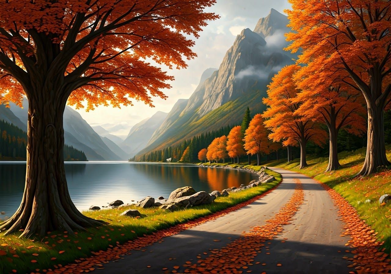 Serene Lakeside Road in Autumnal Splendor