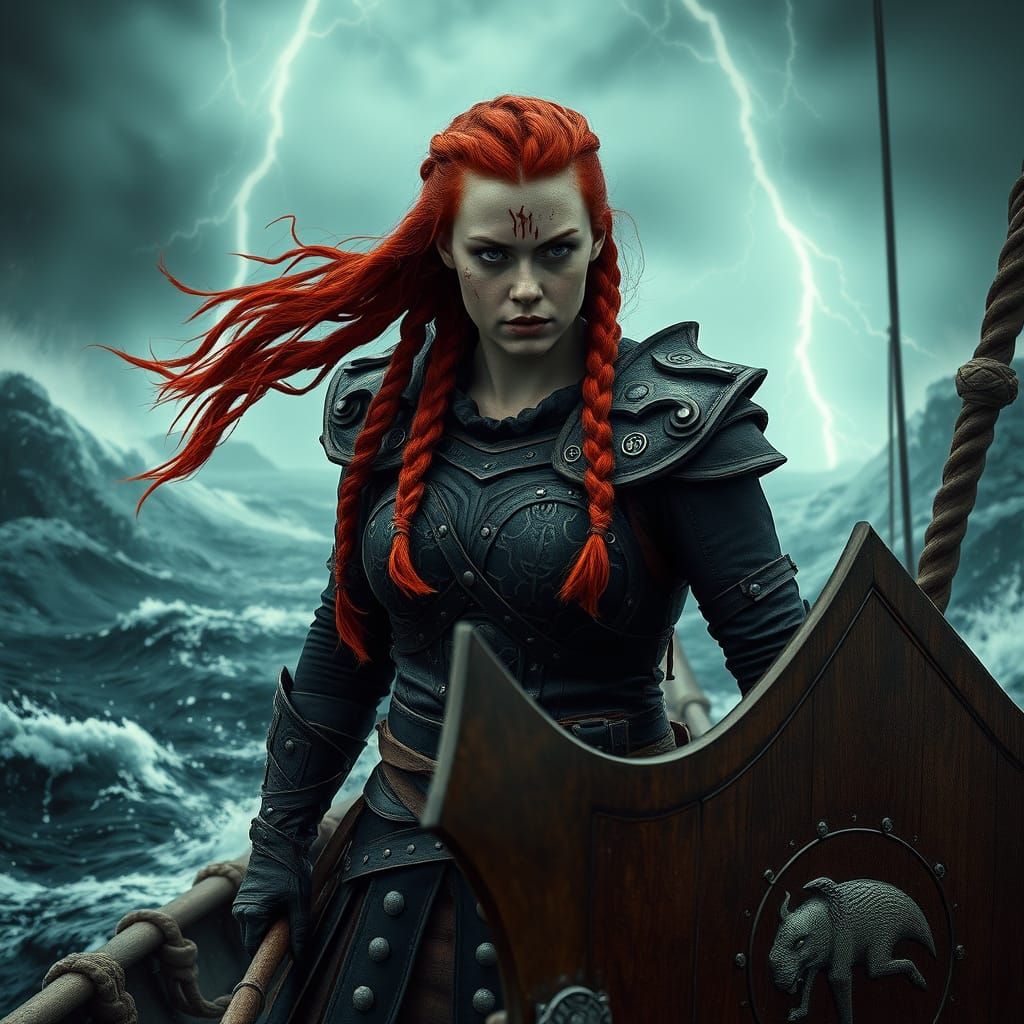 Viking Shieldmaiden on Drakkar Ship in Storm