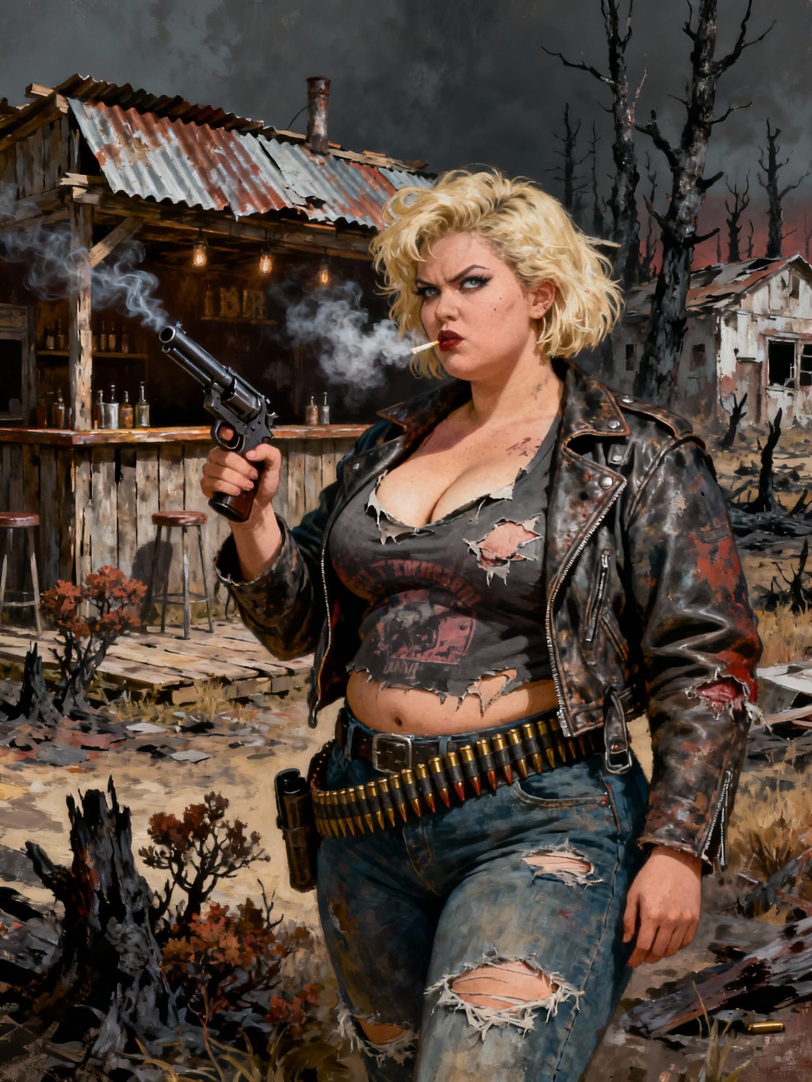 Post-Apocalyptic Punk Woman Fires Handgun