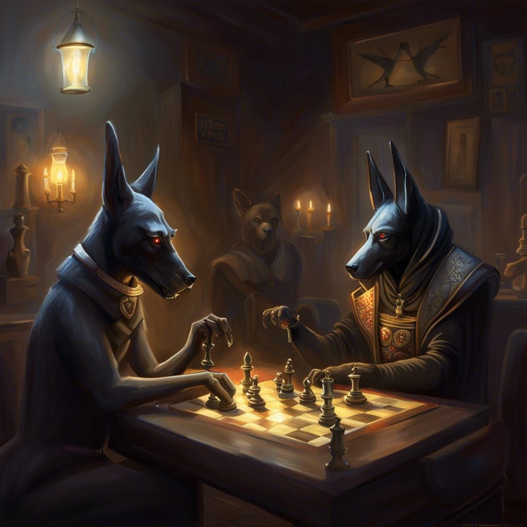Anubis and Dog Play Chess in Dutch Pub