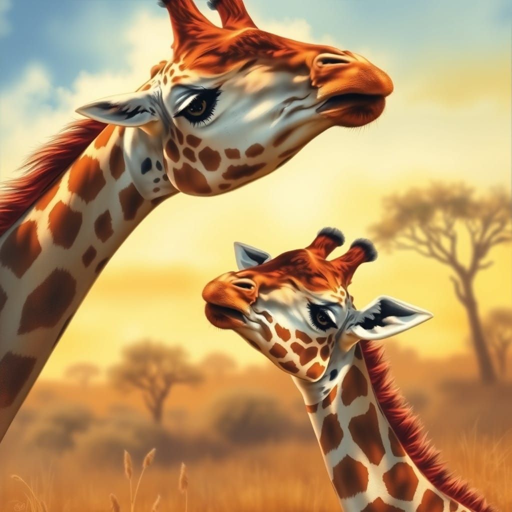 Motherly Love in the African Savannah: Giraffe Calf and Moth...