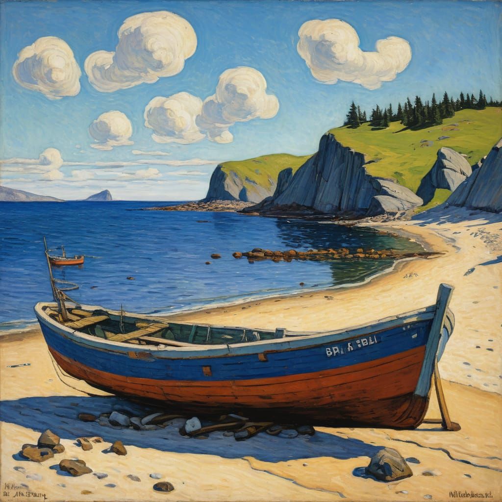 Beached Fishing Boat in Early 20th Century Style