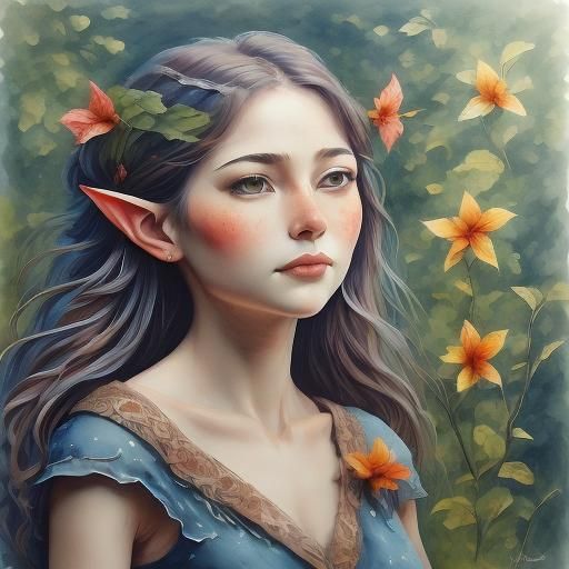 Watercolor Elf Watching Sunset in High Resolution