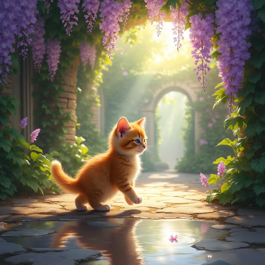 Luminous Kitten in Wisteria Courtyard: Watercolor Style