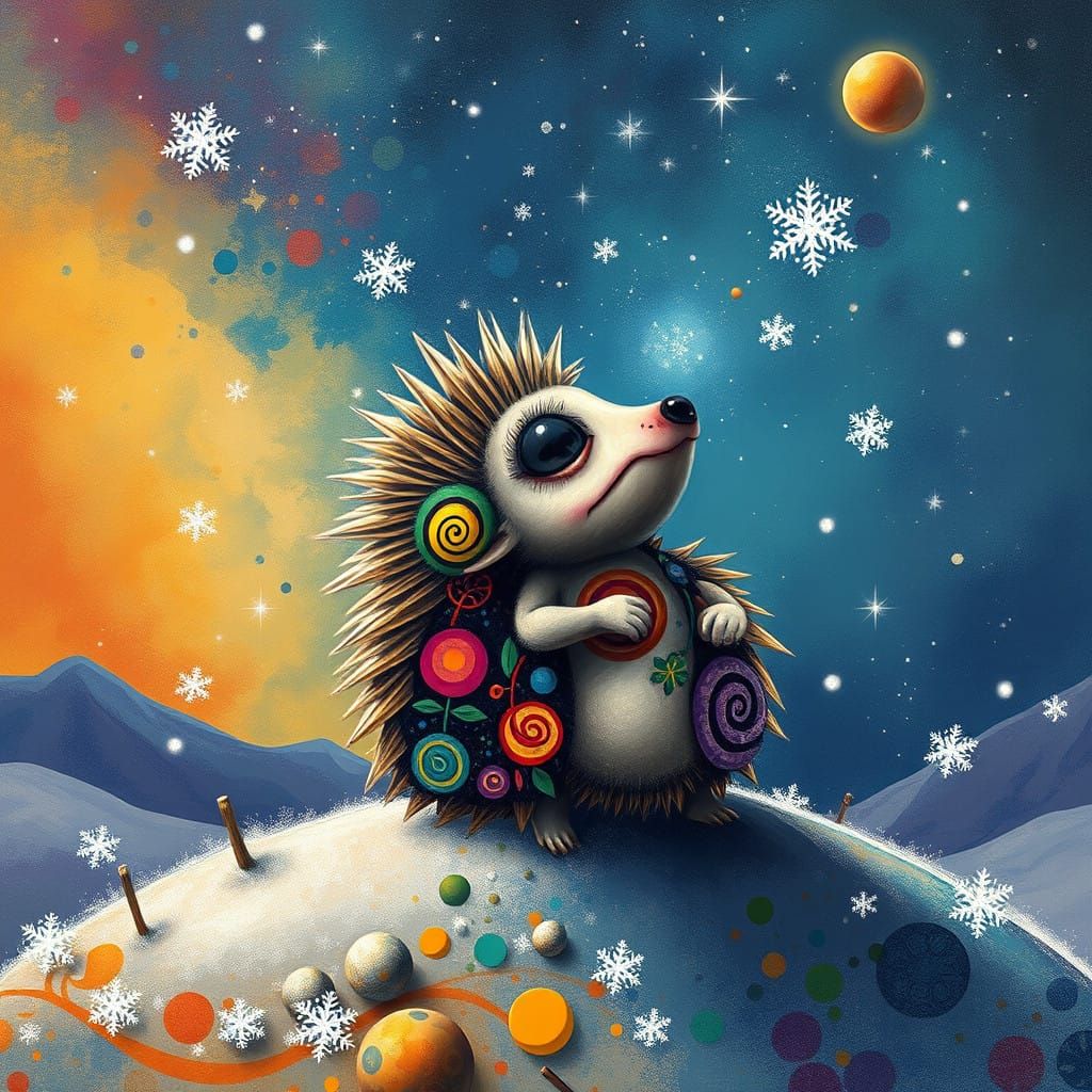 Alien Hedgehog Basks in Cosmic Winter Wonderland