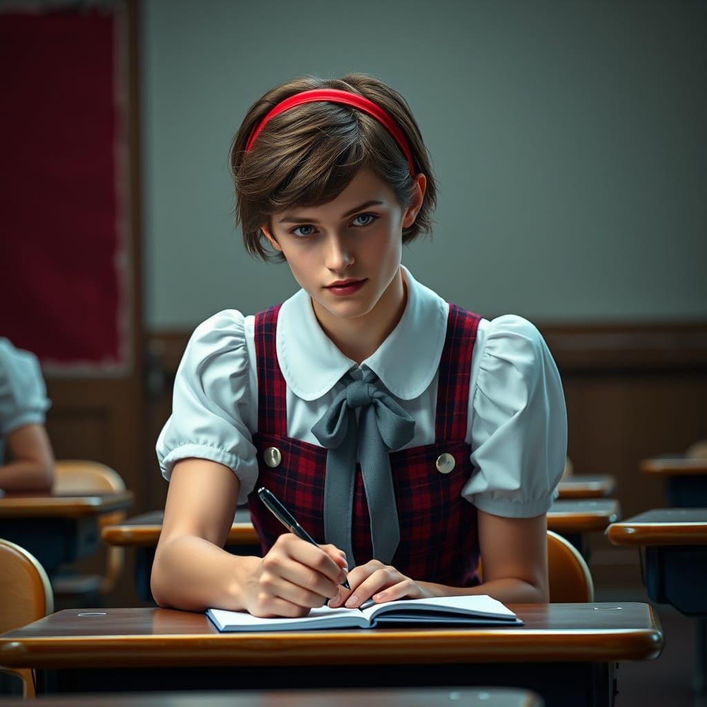 Elegant Youth in Schoolgirl Attire, Inspired by Fantasy Art