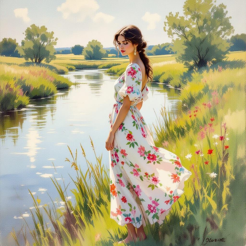 Woman by River in Realistic Aquarelle Style