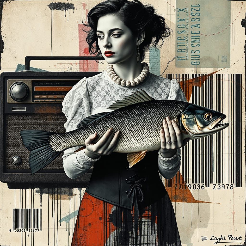 Ethereal Lady of the Sea in Vibrant, Glitchy Mixed Media