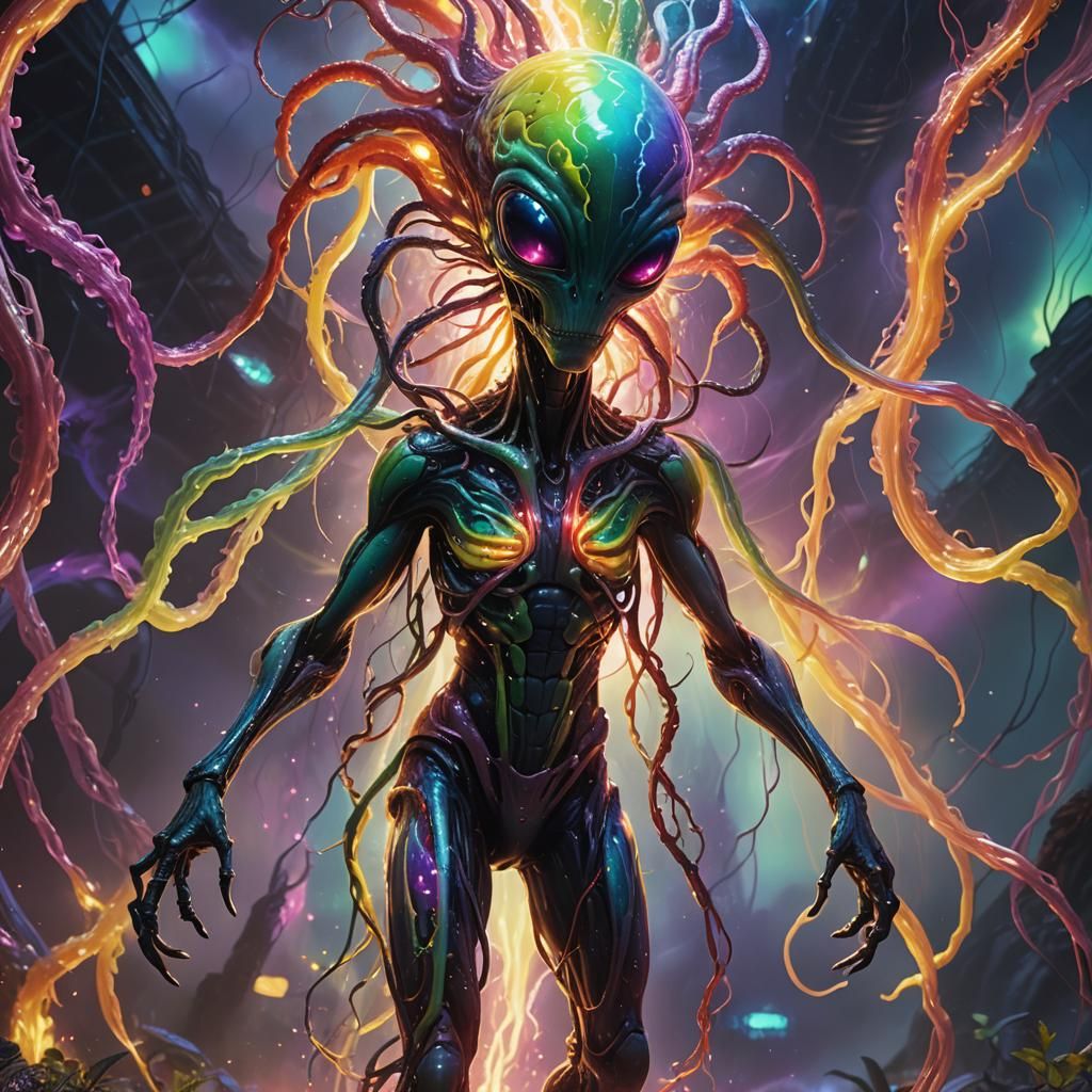Alien Walking on Rainbow Lightning: Oil Painting