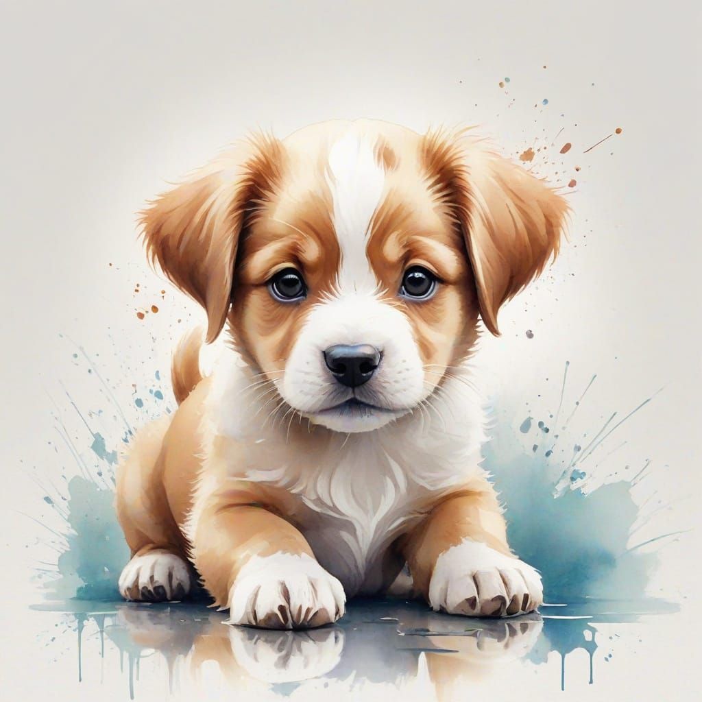 Whimsical Watercolour Puppy in Dreamlike Landscape