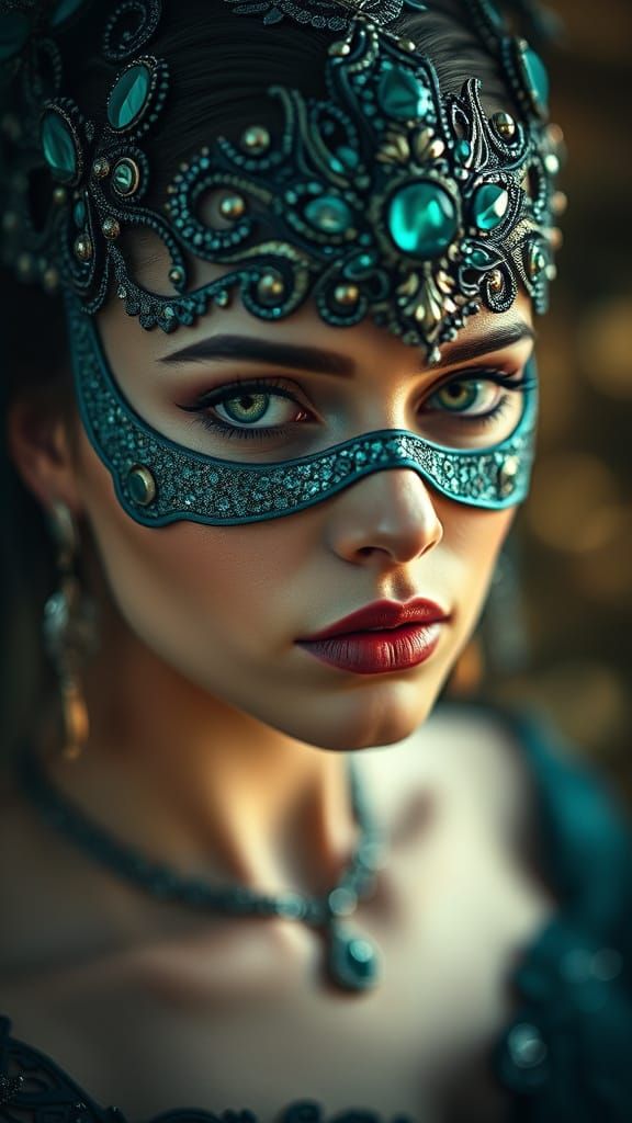 Enchanting Cosplay Goddess with Teal Mask and Intricate Head...