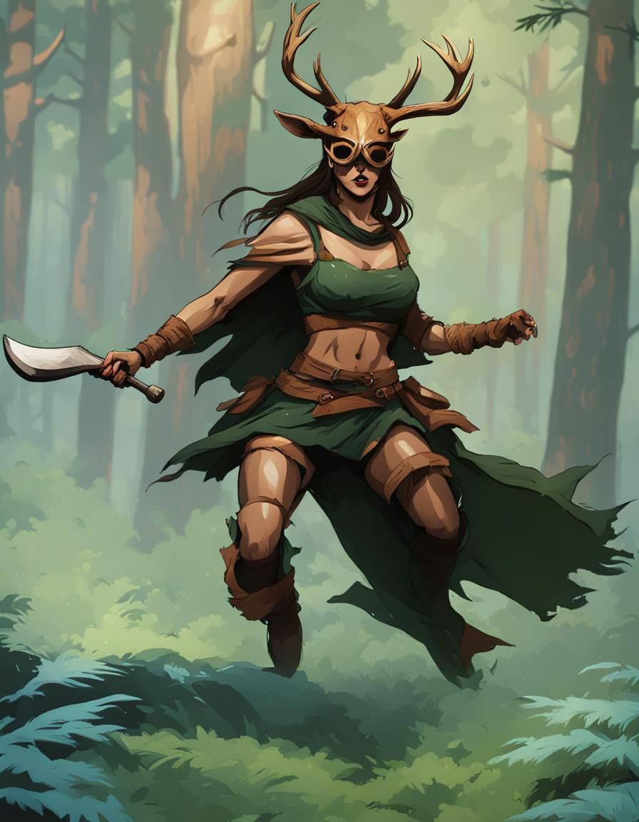 Fantasy Ranger Leaps Through Lush Forest