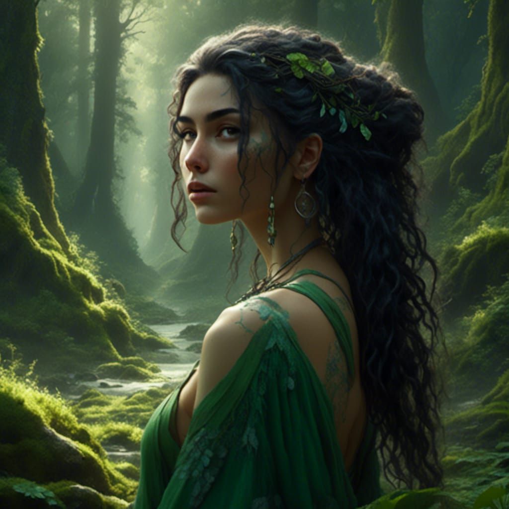 Elf Druid in Forest, Detailed Fantasy Portrait