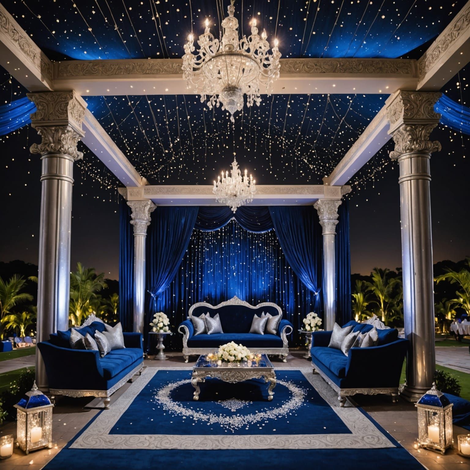 Midnight Blue and Silver Indian Wedding Setup Under the Star...
