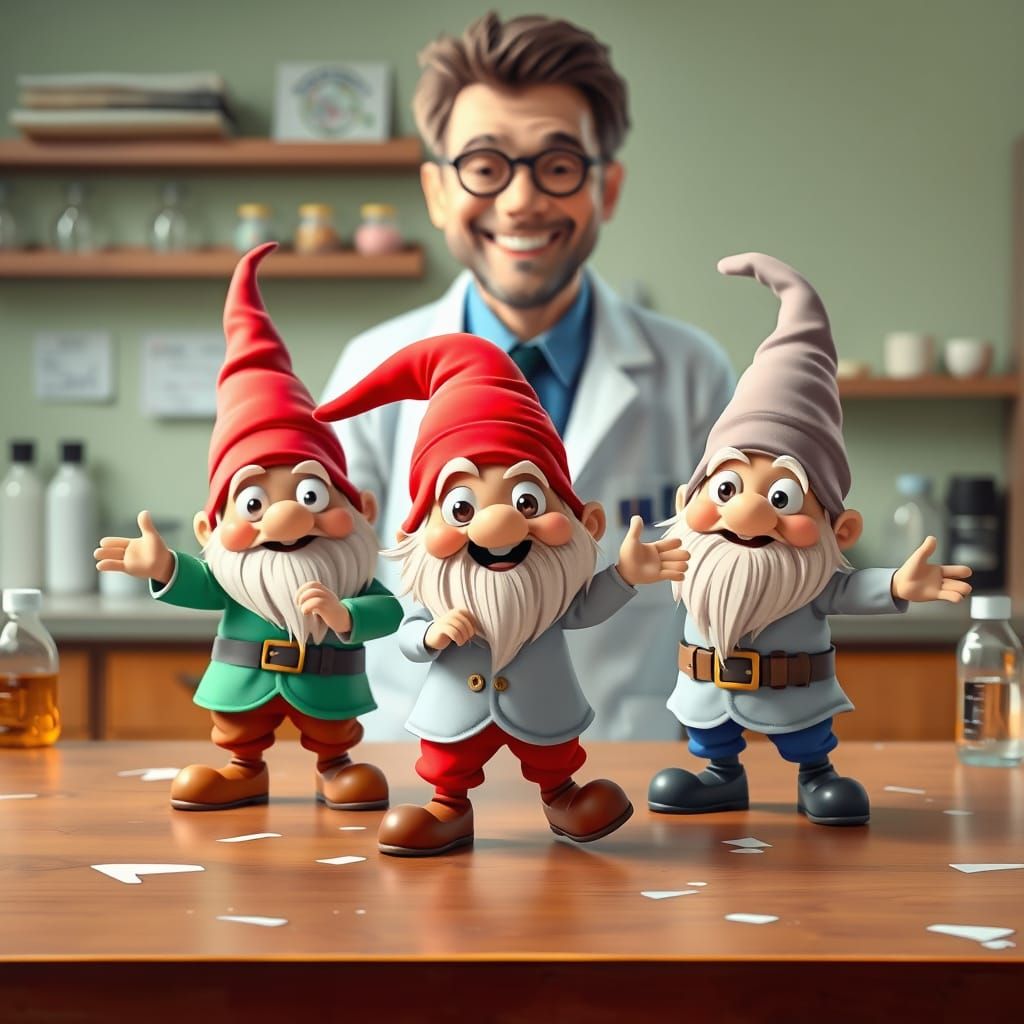 Cartoonish Gnomes Dance on Lab Table Amidst Happy Professor